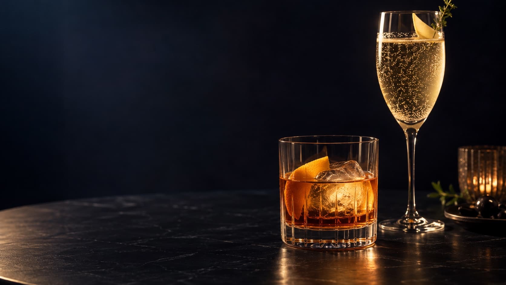 Illustrative photograph of two drinks in warm light