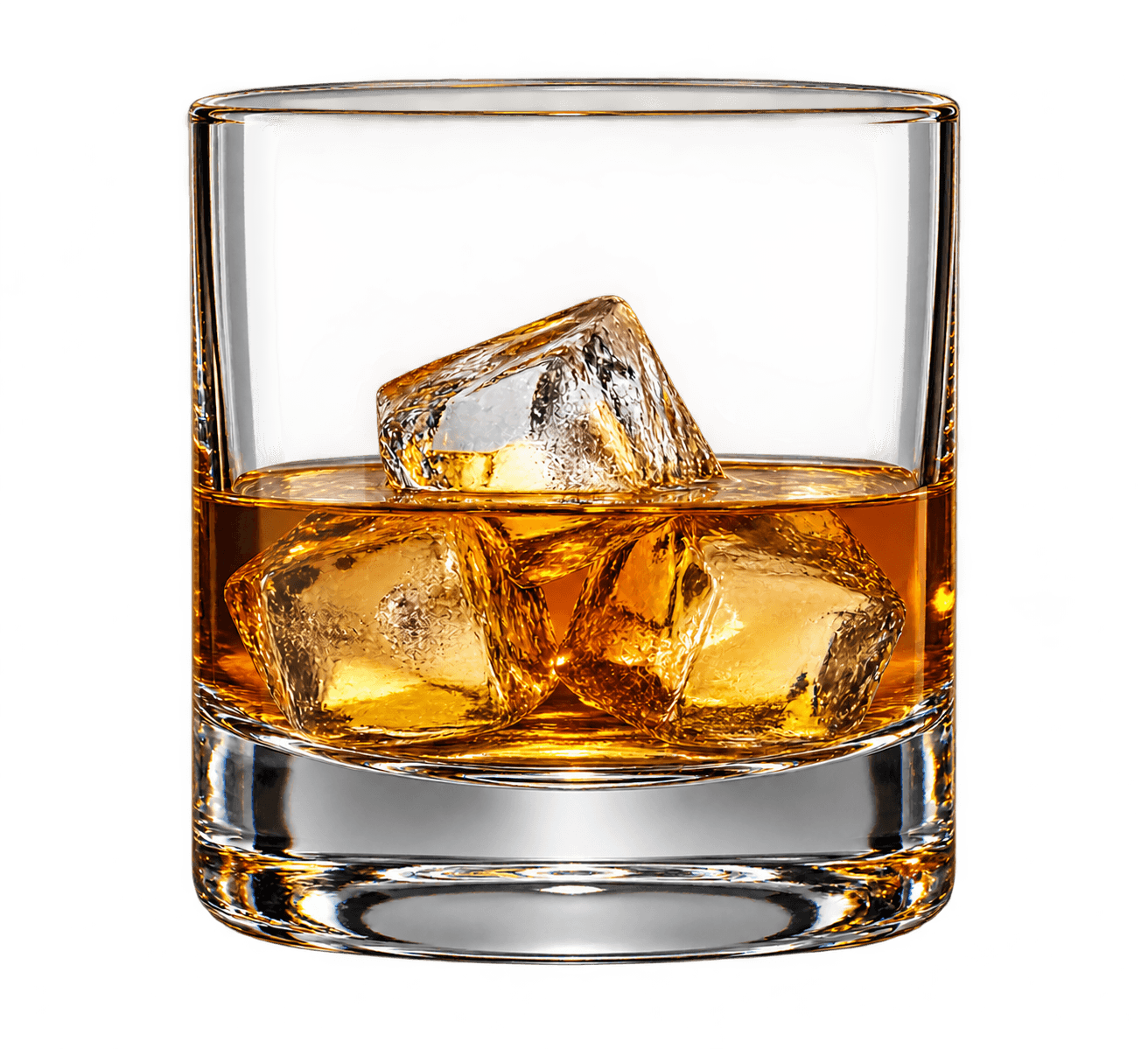 Illustrative front-facing whisky tumbler with ice