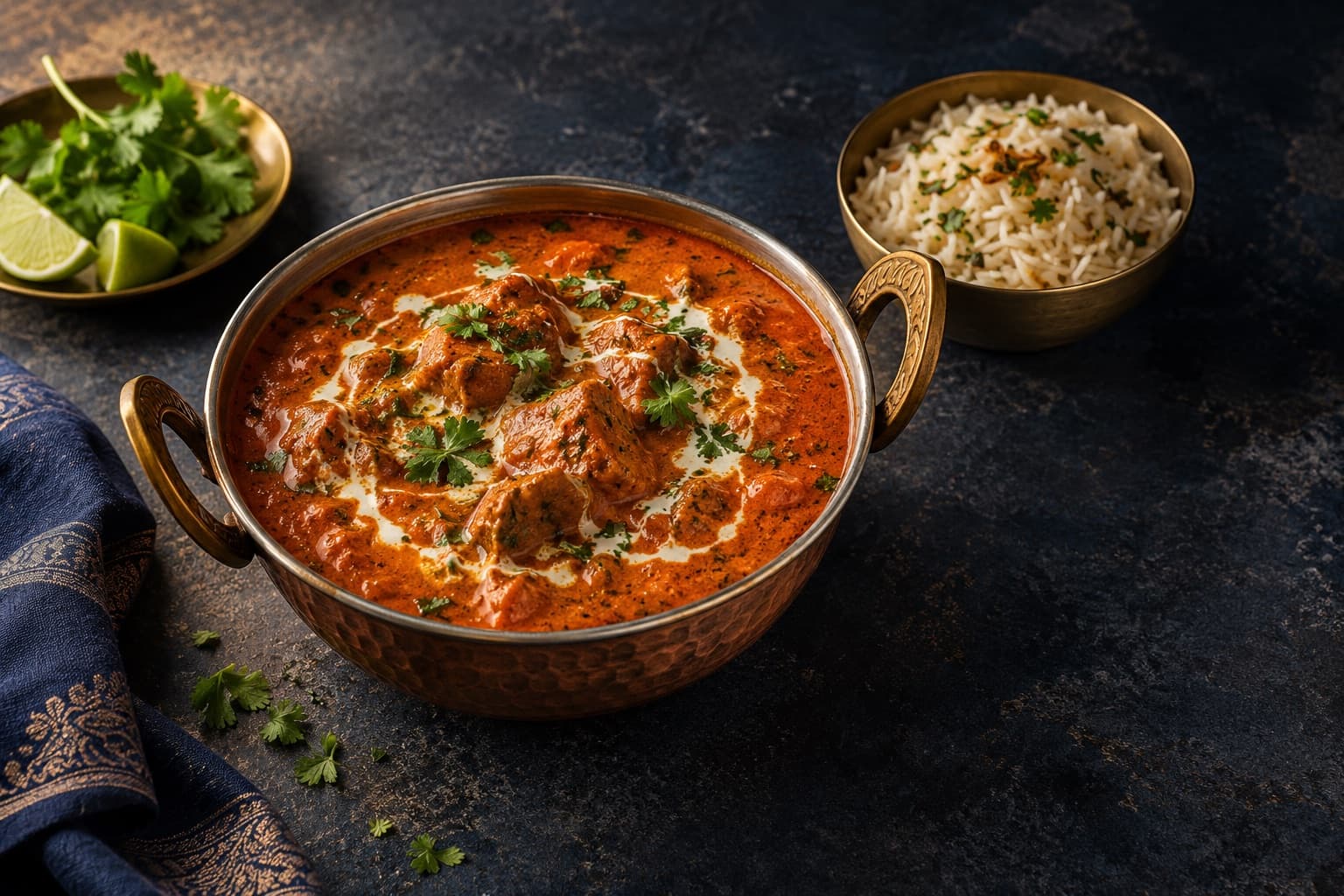 Indian curry in a copper bowl with rice and fresh herbs