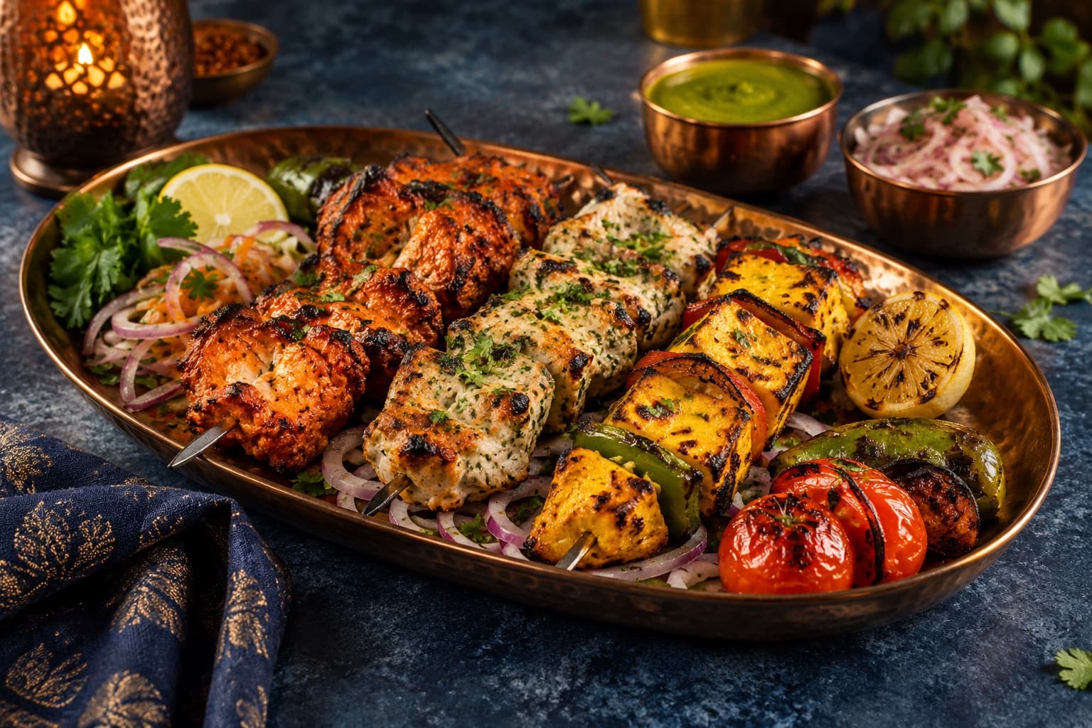 Tandoori skewers with charred vegetables, herbs and lemon