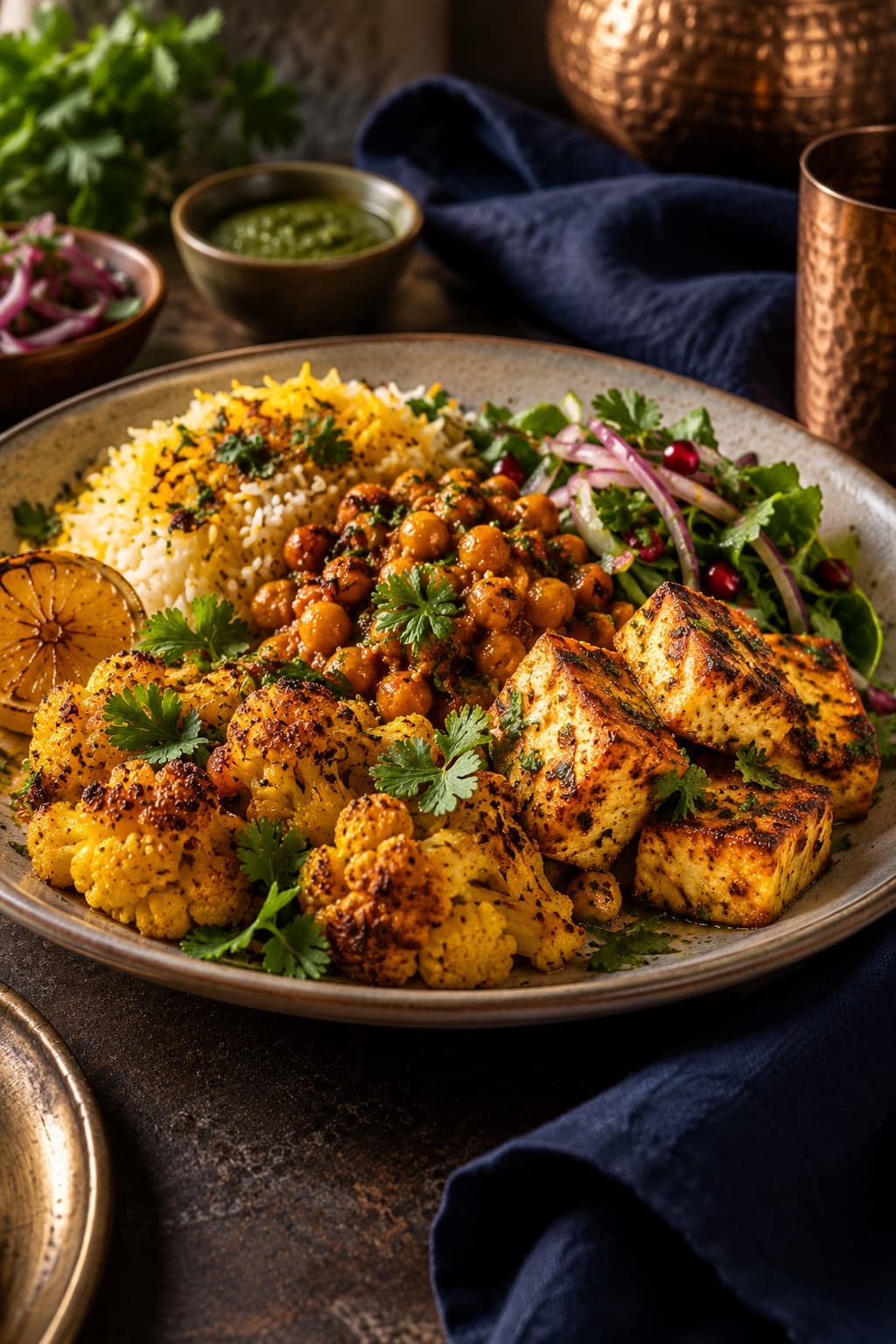 Vegetarian plate with paneer, cauliflower, chickpeas and herbs