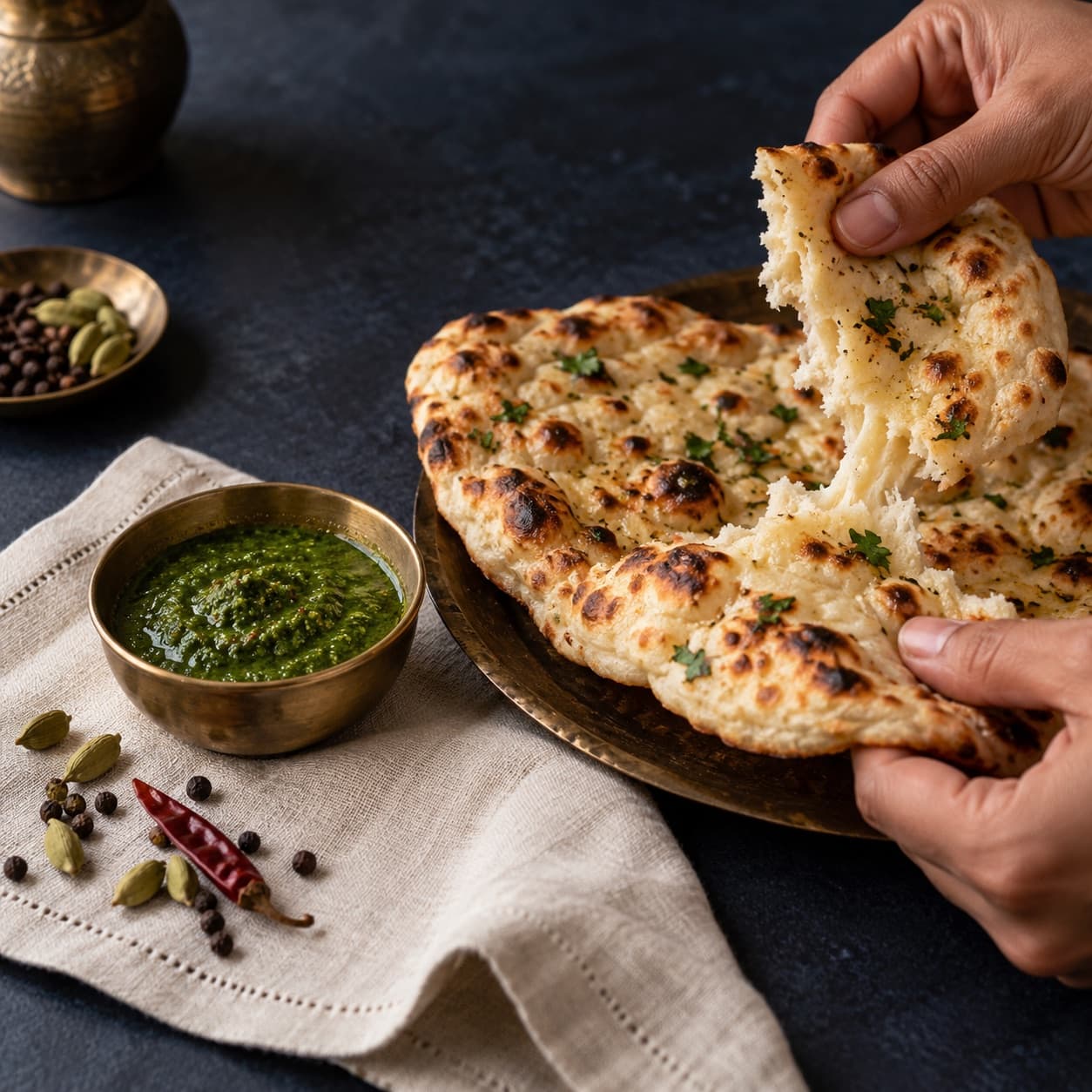 Fresh naan with green chutney and whole spices on an ivory napkin