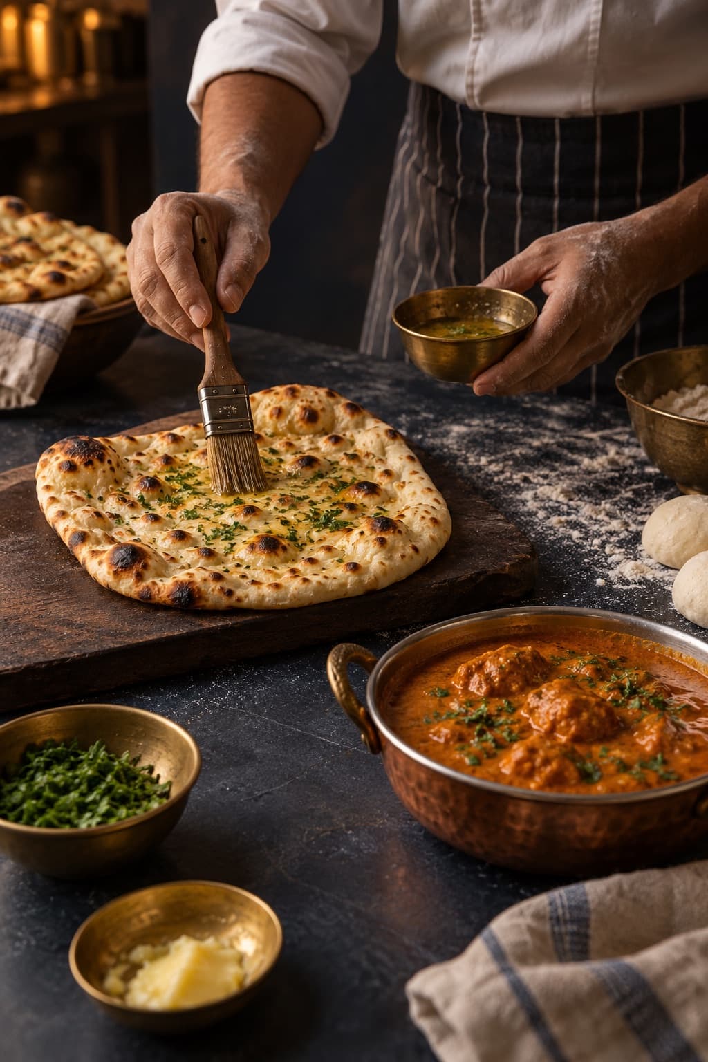 Fresh naan being brushed beside a copper bowl of curry