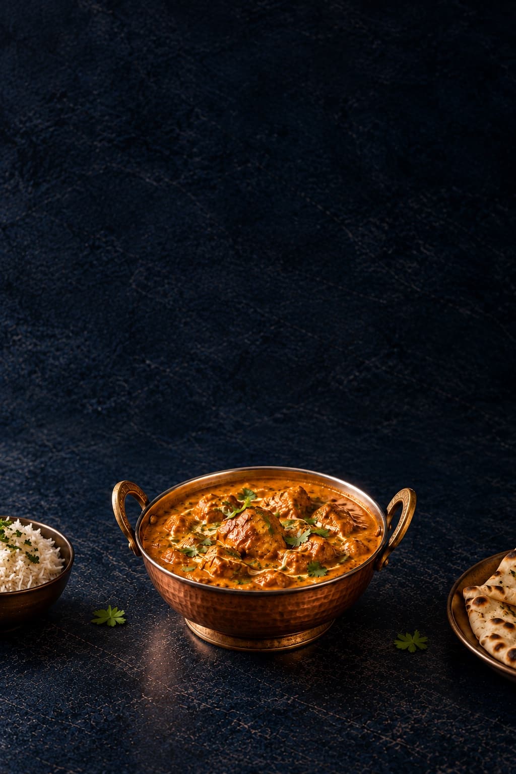 A copper bowl of Indian curry with rice and naan on a midnight blue table